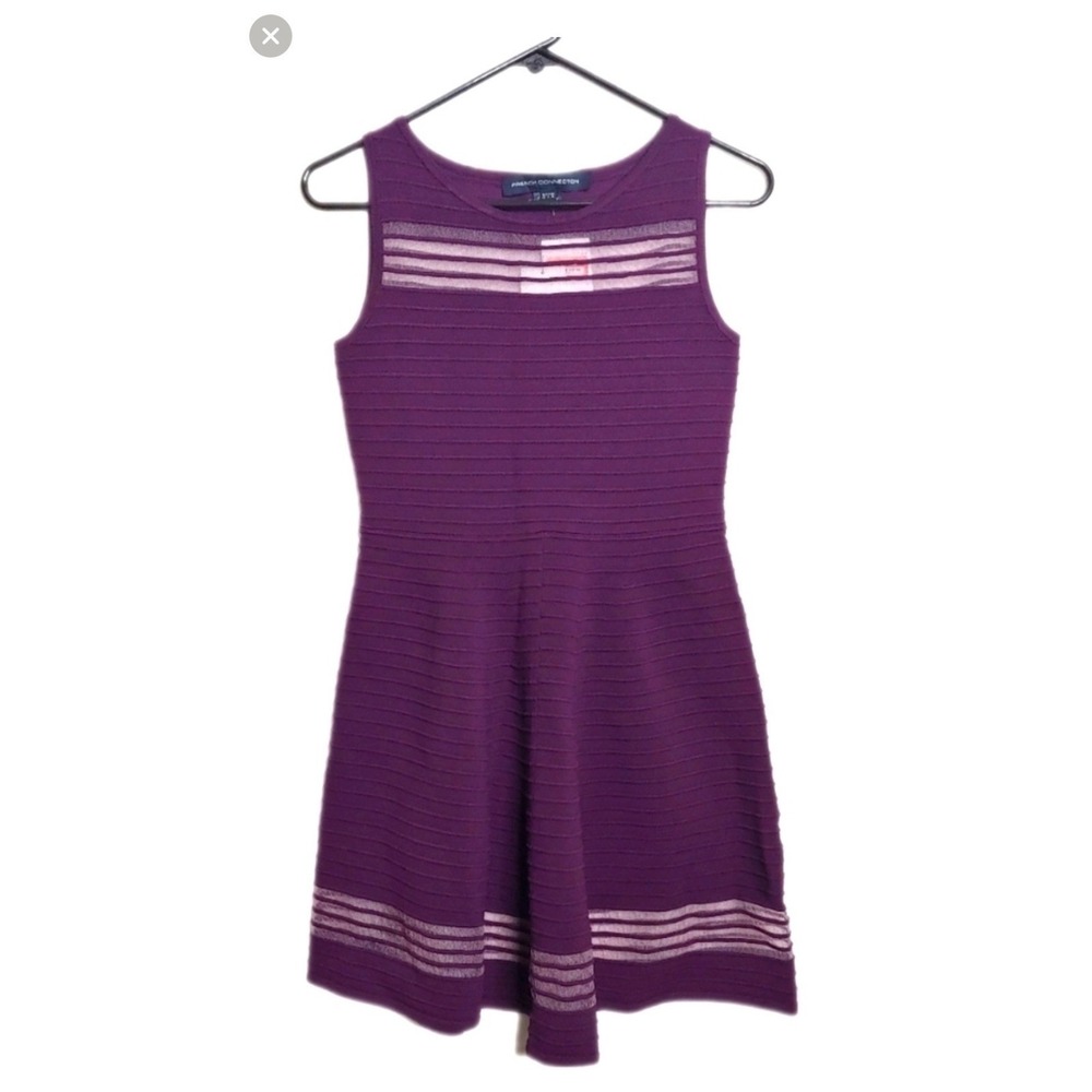 French Connection Plum Ribbed Knit Dress 6 Sheer Mesh Sleeveless Coquette Party‎